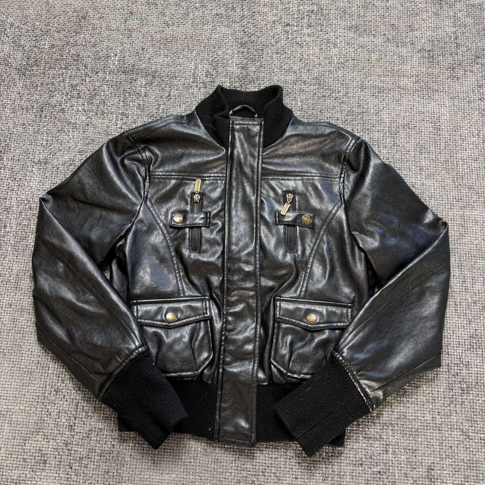 XOXO Faux Leather Bomber Jacket Women Medium Black Y2K Edgy Moto